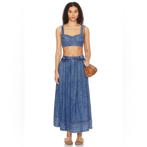 🆕 FREE PEOPLE 2-Piece Maddox Denim Skirt + Top Set in Blue Shadow - Picture 2 of 15